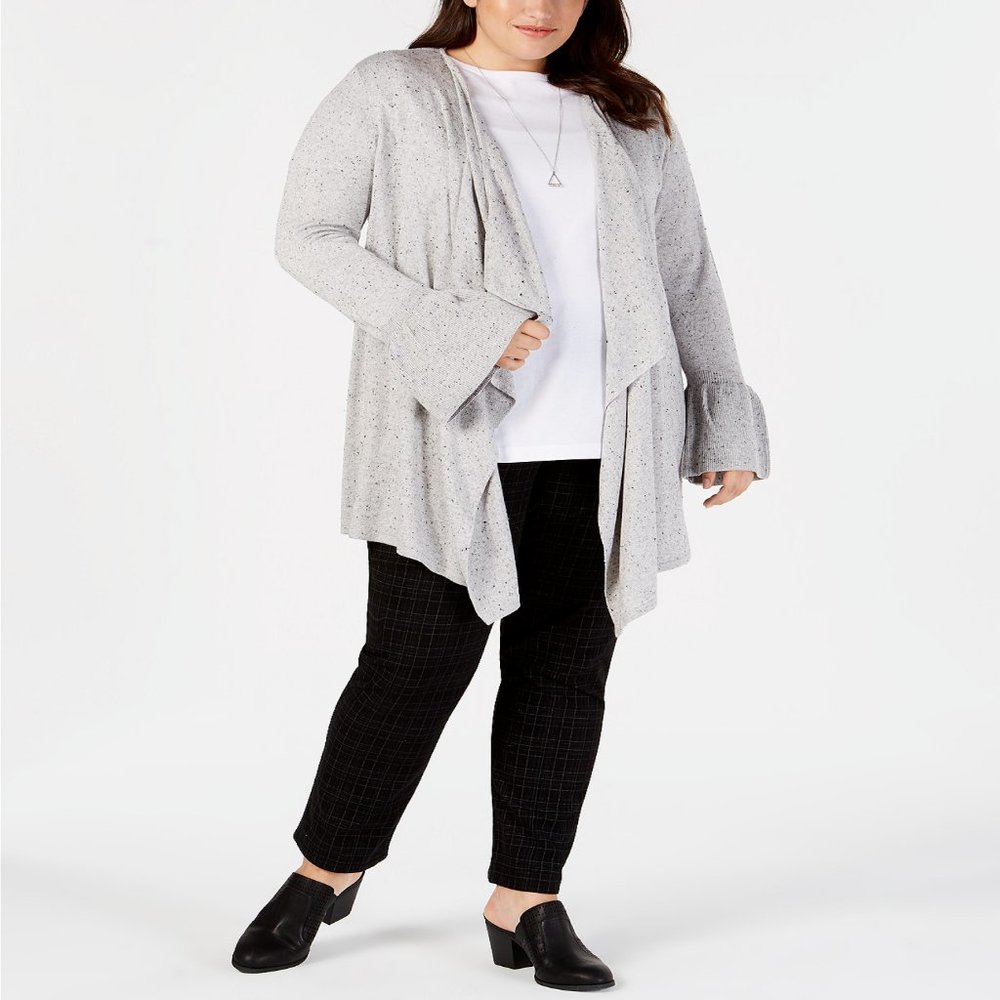 Style & Co Plus Size 0X Ruffled-Sleeve Open-Front Cardigan in Speckled Gray
